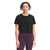 Women’s relaxed short-sleeve crewneck T-shirt in black, front view with plum leggings