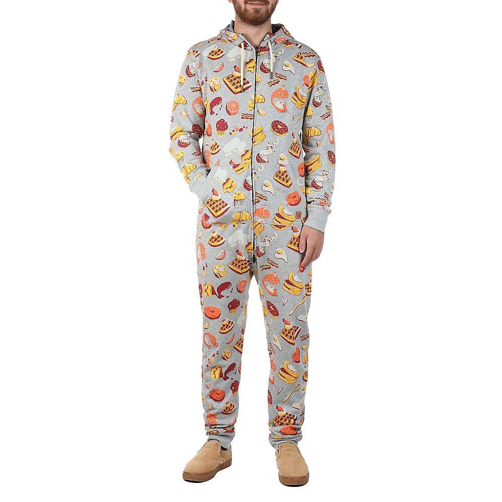 Hooded zip-front onesie with front pockets, light gray food pattern and white drawstrings