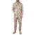 Hooded zip-front onesie with front pockets, light gray food pattern and white drawstrings