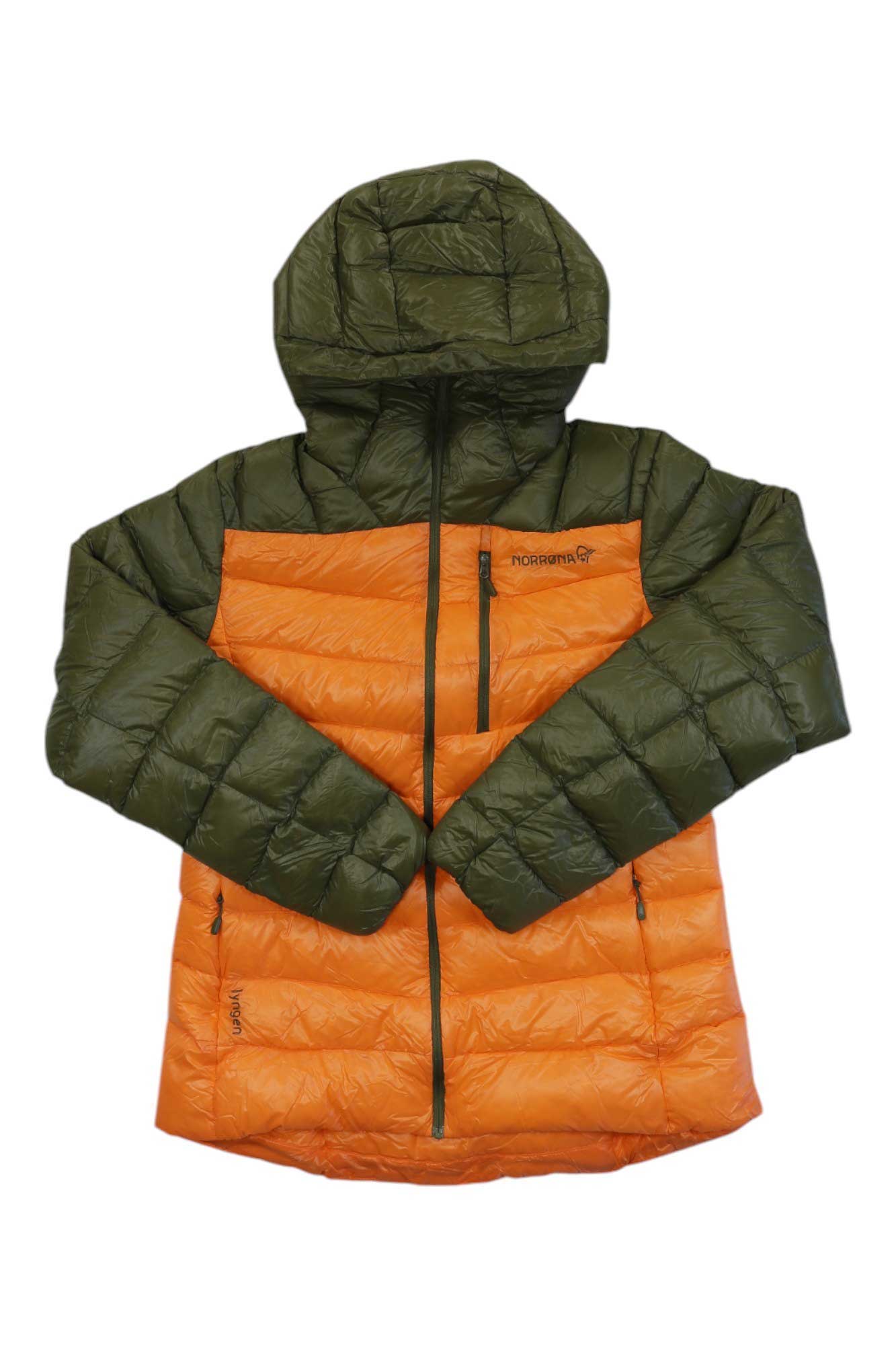 Two-tone olive and orange down hoodie with quilted hood and full zipper