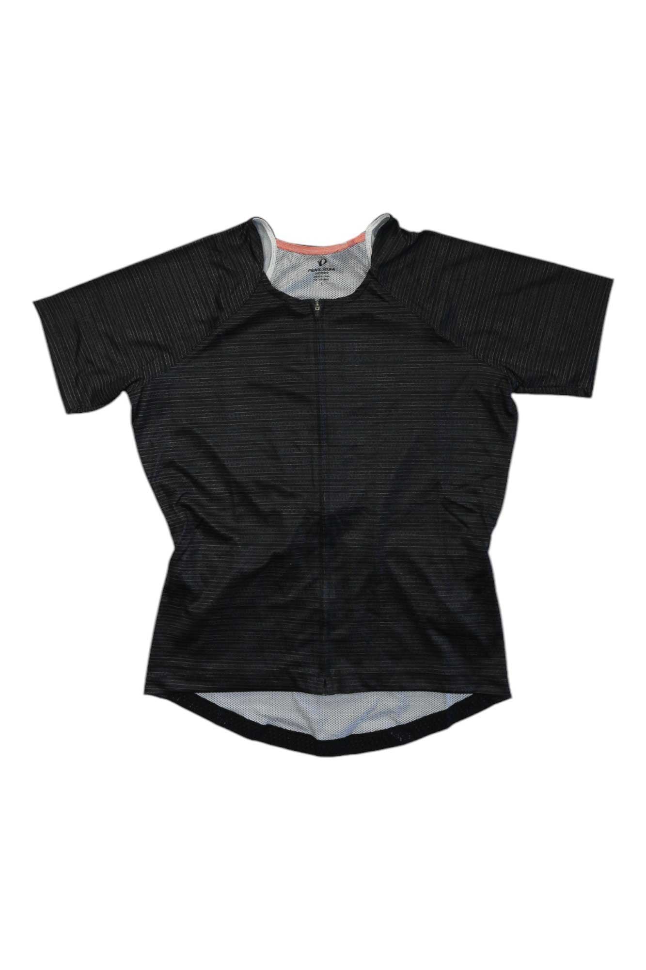 Black women’s short-sleeve cycling jersey with quarter-zip and faint graphic pattern