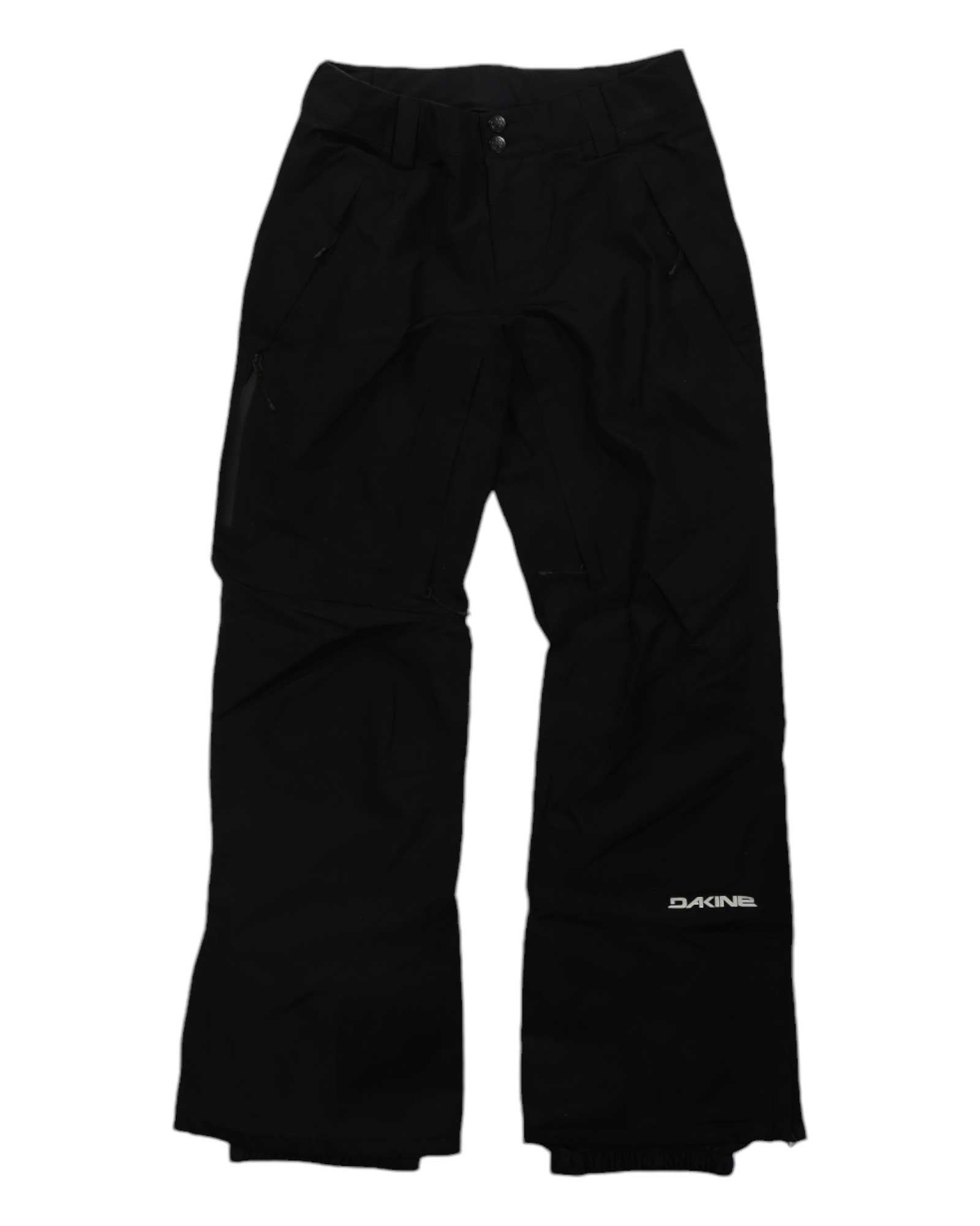 The Dakine Women's Barrier Gore-Tex 2L Pant is a pair of black ski pants for women, made from recycled polyester with front pockets, button closure, a loose fit, and "DAKINE" printed near the left leg hem for style.