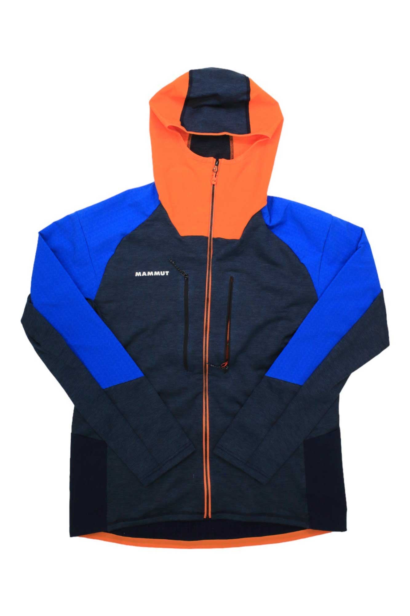 The Mammut Mens Eiswand Advanced ML Hooded Jacket is a color-block climbing jacket in dark blue, bright blue, and orange, featuring a hood, front zipper, chest pocket, and white Mammut branding on the left chest.