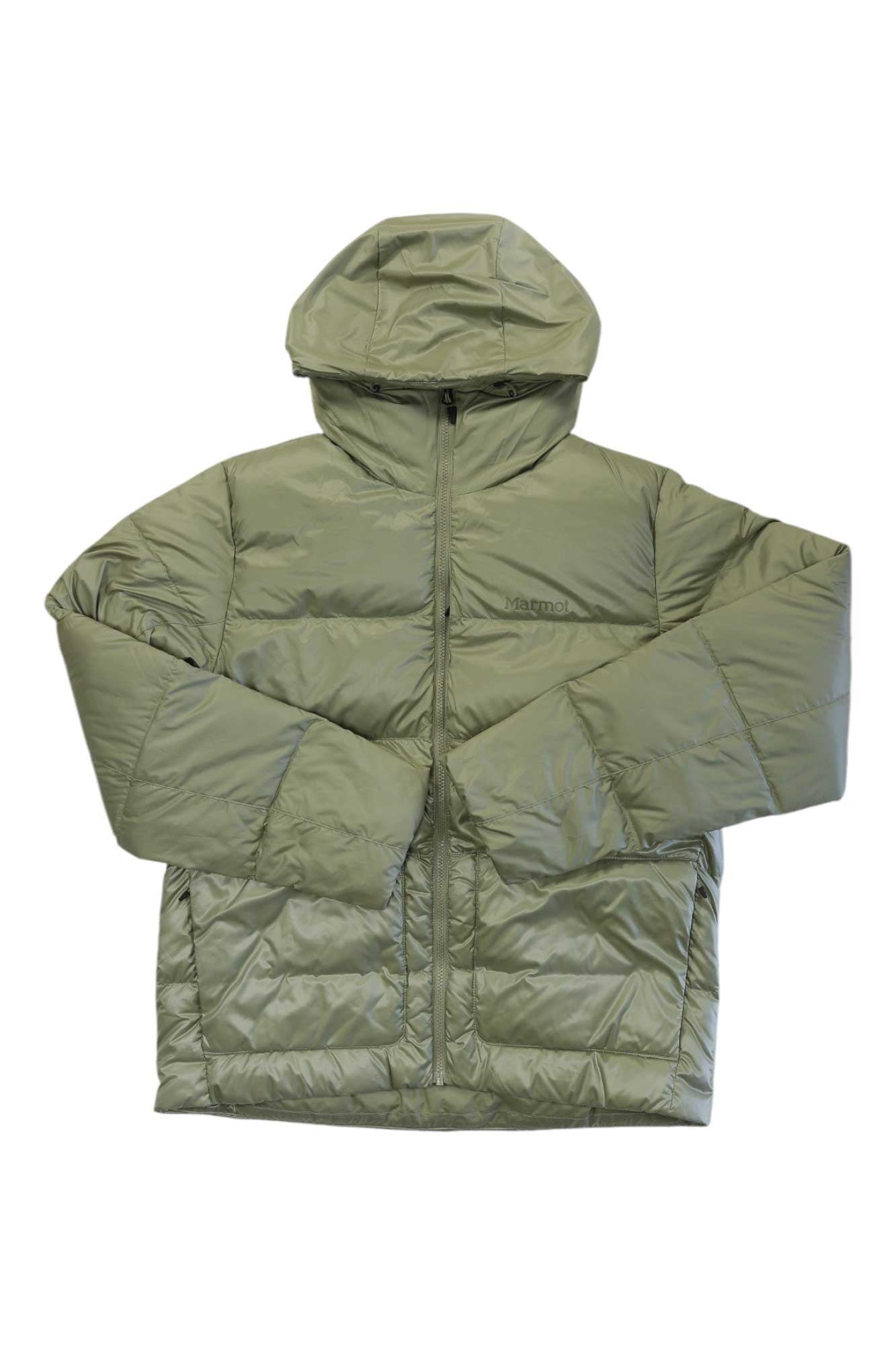 The Marmot Men's Guides Down Hoody in light green features 700 fill down, a hood, front zipper, long sleeves, and quilted insulation for hiking warmth. Shown laid flat on a white background.