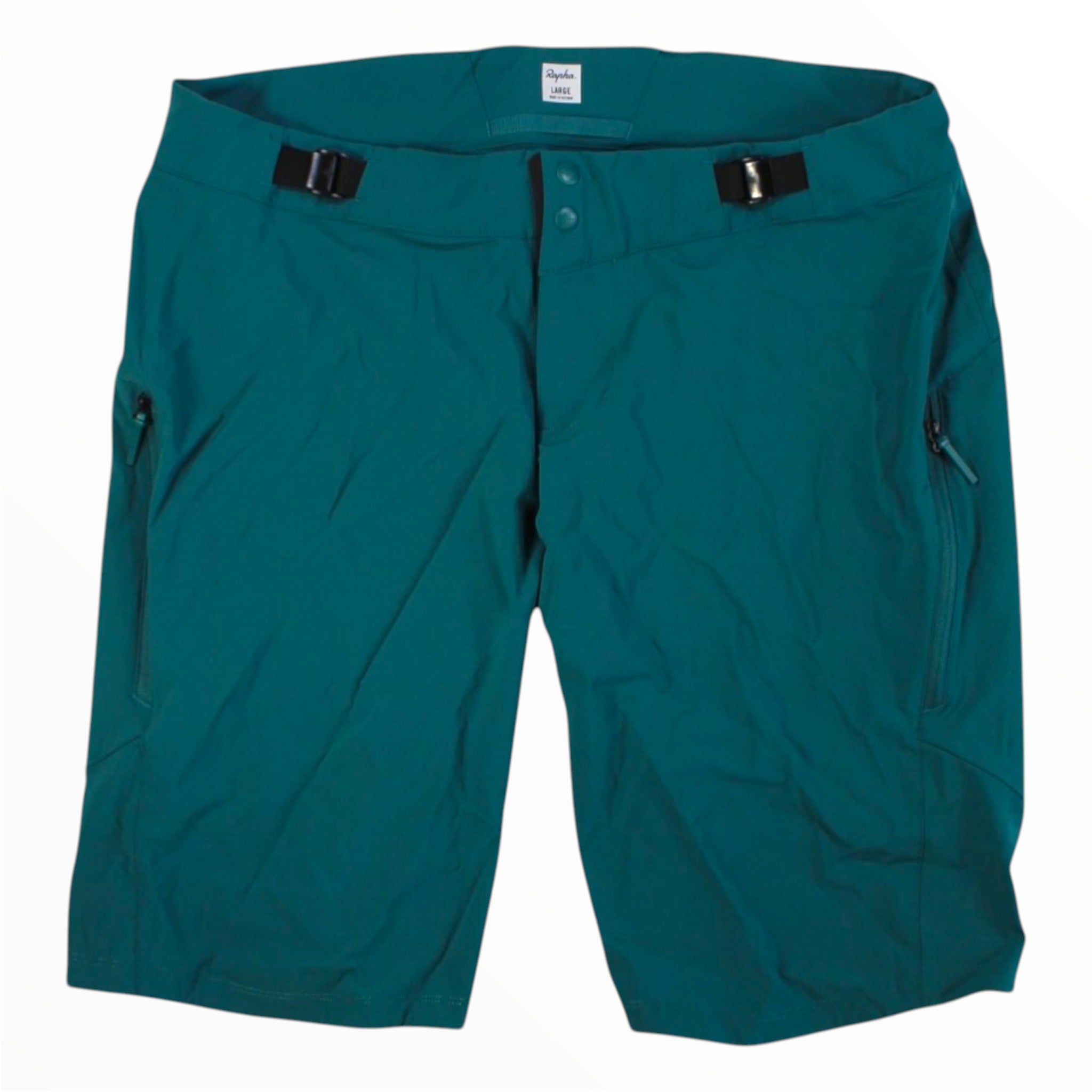 Men's trail shorts in teal with adjustable waist tabs and side zip pockets