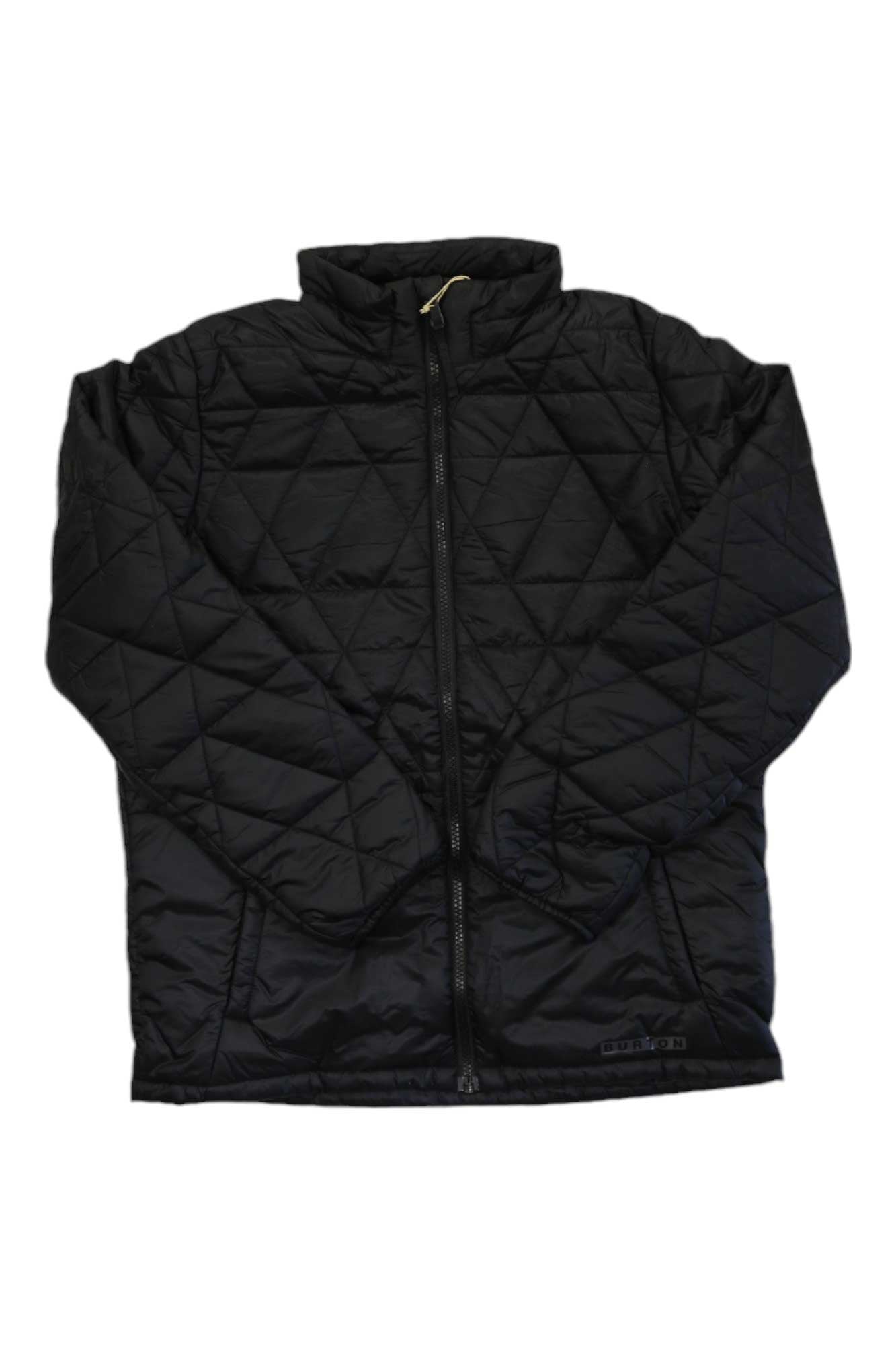The Burton Kids Vers-Heat Insulated Jacket is a black, quilted jacket with diamond-pattern stitching, long sleeves, a front zipper, high collar, breathable insulation for comfort, and a slightly shiny finish.