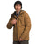 A person wears The North Face Men's North Table Down Triclimate Jacket with a brown hood, a black cap, and a plaid shirt while smiling and adjusting the jacket against a plain white background.