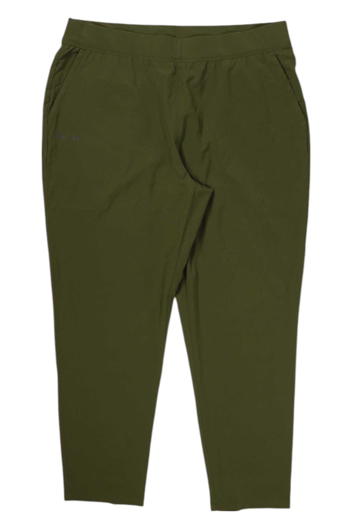 The Marmot Womens Elda Crop Pant in olive green features an elastic waistband and side pockets, ideal as lightweight outdoor pants, shown laid flat on a white background.