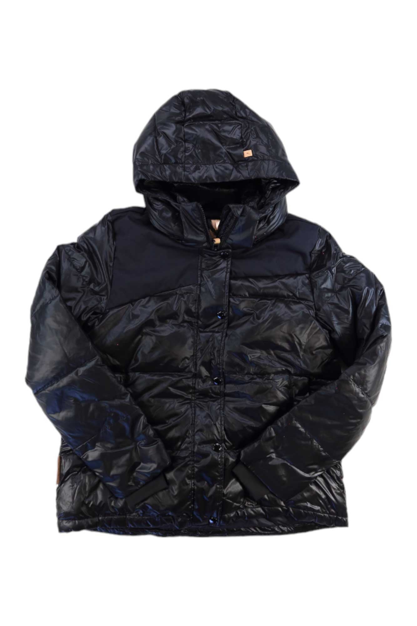 The Indyeva Womens Rammo Jacket is a shiny black, down-insulated coat with a hood, front snap buttons, and long sleeves—ideal for outdoor adventures. Shown in black against a white background.
