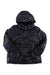 The Indyeva Womens Rammo Jacket is a shiny black, down-insulated coat with a hood, front snap buttons, and long sleeves—ideal for outdoor adventures. Shown in black against a white background.