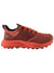 The Helly Hansen Mens Featherswift TR Shoe is a red and orange trail shoe for men, featuring a textured pattern, black inner lining, HH logo on the heel, orange laces, and a rugged sole for optimal traction.