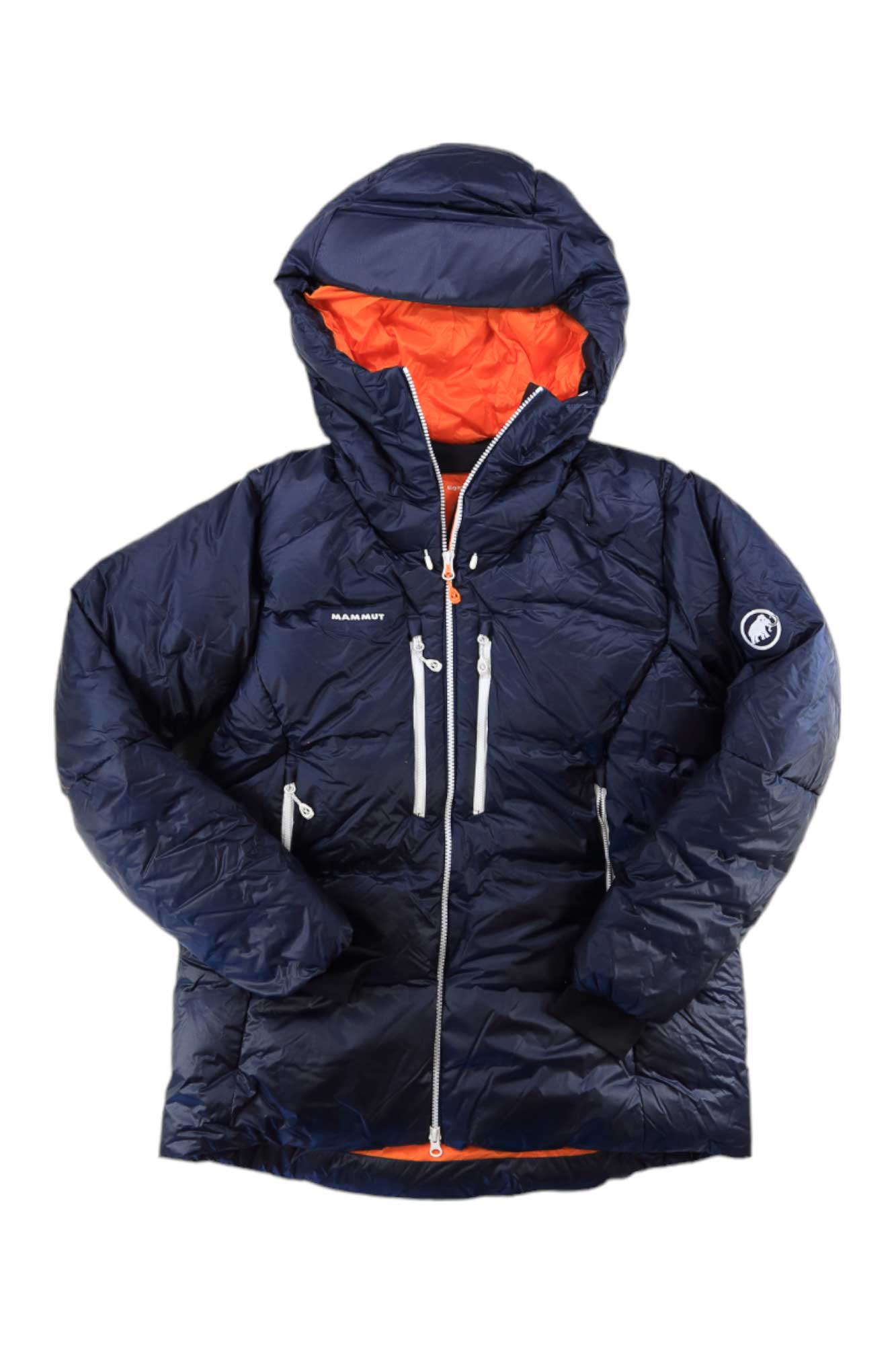 Mammut hooded puffer jacket, dark navy with orange hood lining and zip front