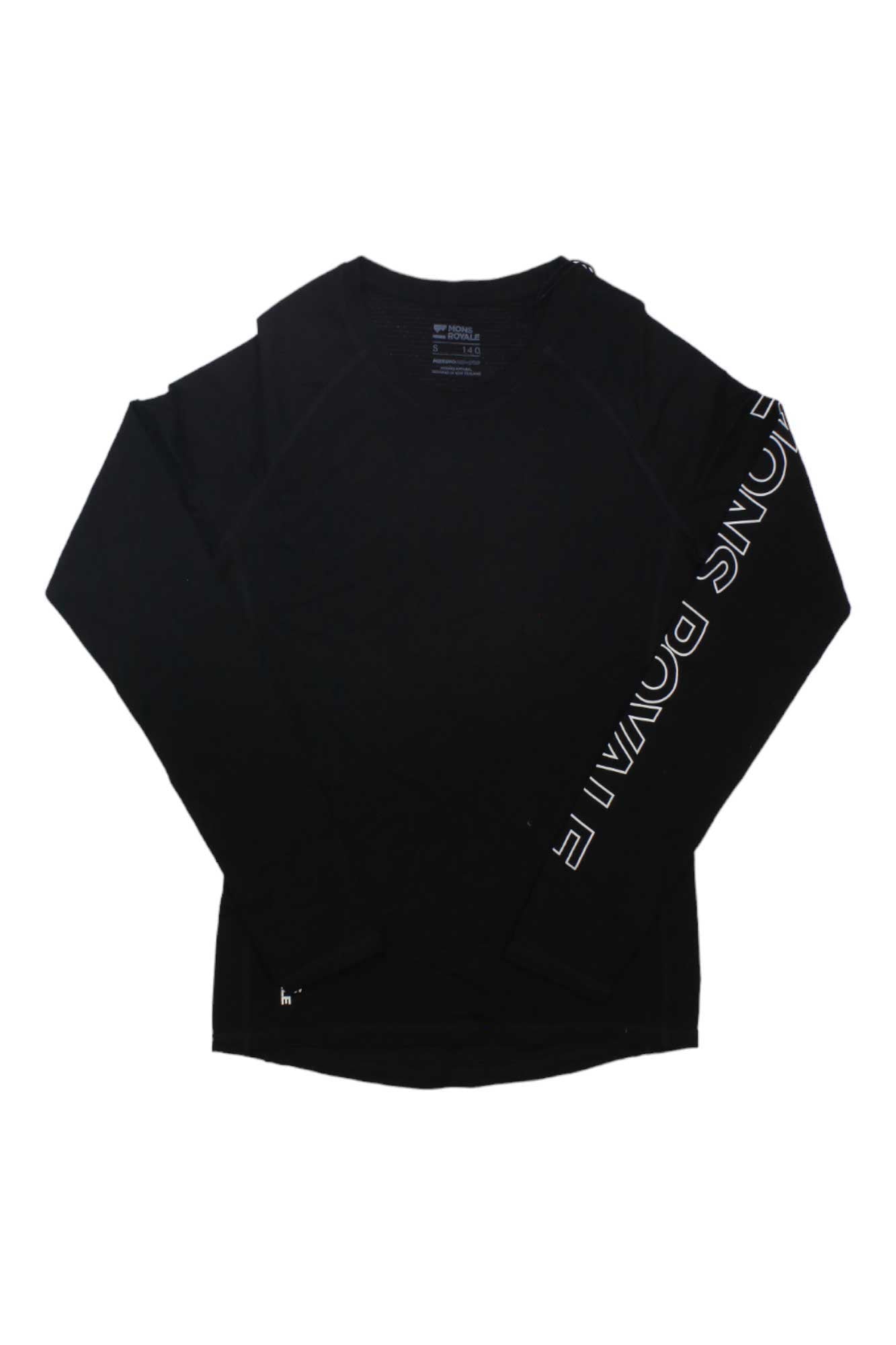 The Mons Royale Womens Bella Tech LS Top is a black Merino Wool long sleeve fitness top with FRONT BONE in white capitals on the right sleeve, displayed flat on a white background.