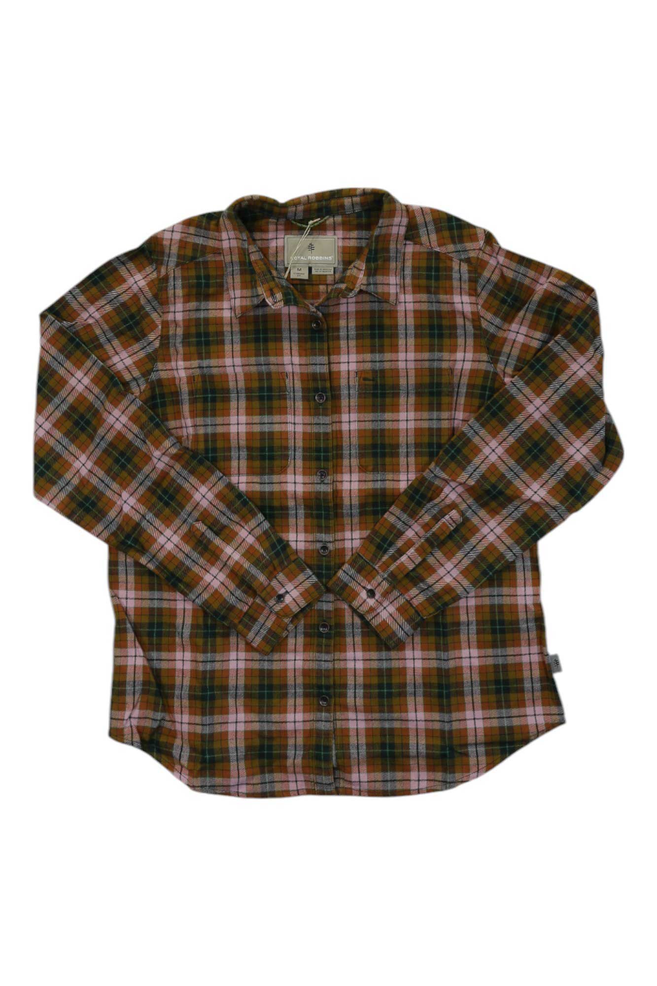 Women's plaid flannel button-up shirt, long sleeves, brown, rust, and green