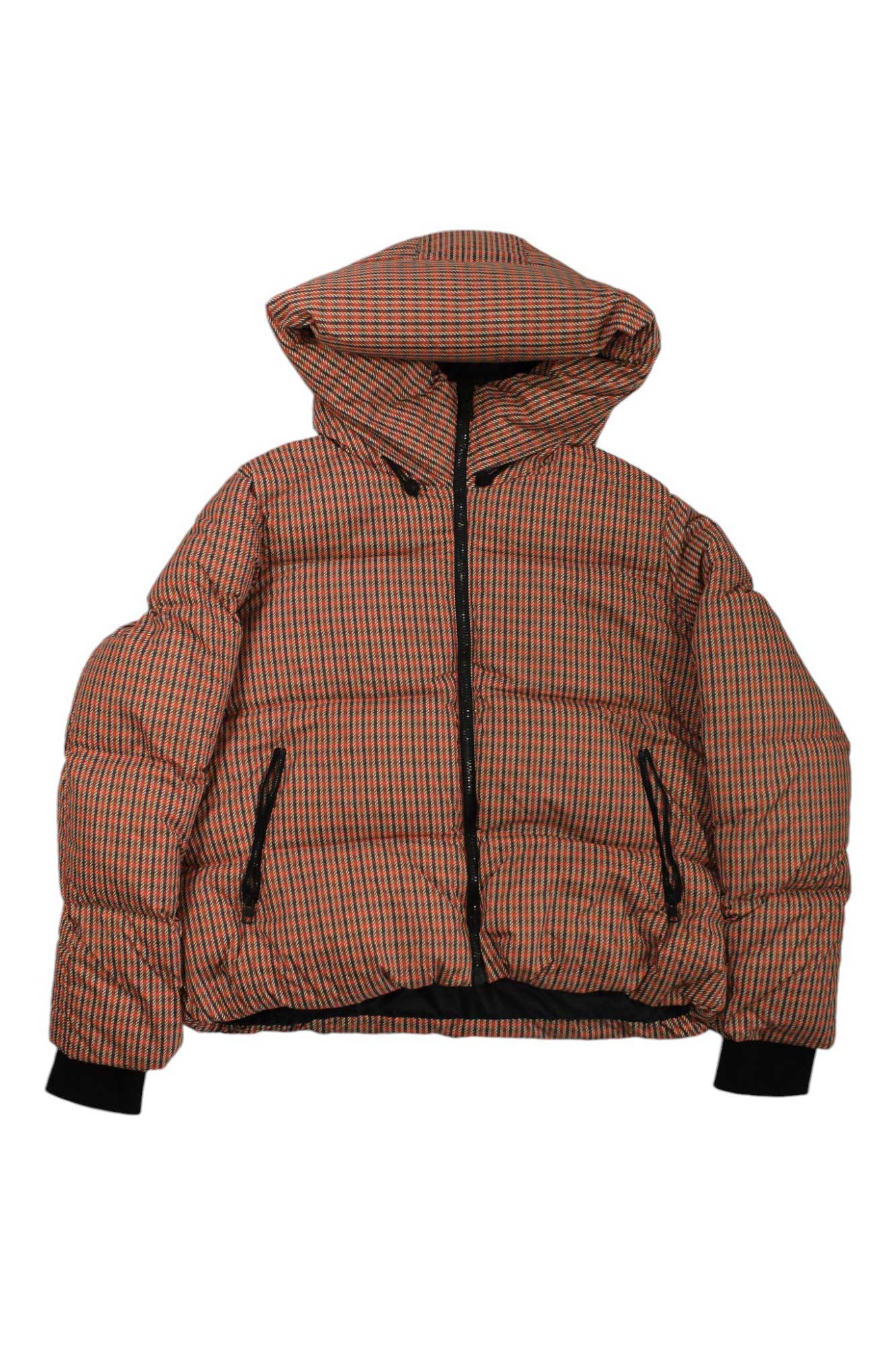 Women’s Mica-P hooded puffer jacket in brown-orange plaid, front zip, black trim