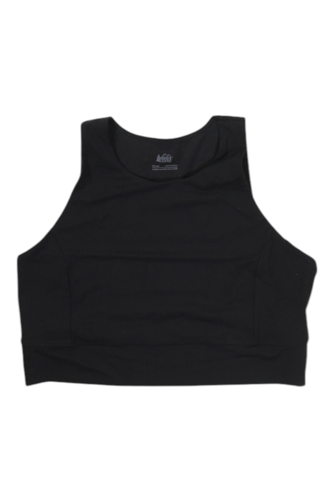 The REI Womens Active Pursuits Ribbed Bra Top is a plain black, high-neck, sleeveless cropped top shown flat on a white background—ideal for women’s active lifestyles or outdoor adventures.