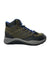 The Wolverine Mens Luton Waterproof Hiker Boot is shown in profile on a white background, featuring an olive green and black design with blue laces, metal eyelets, a thick textured sole, and durable full-grain leather construction.