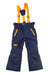 Helly Hansen Juniors No Limits 2.0 Pant in navy blue for kids, featuring bright orange adjustable suspenders, orange zip pockets, and an orange HH logo. These insulated ski pants provide warmth and reliable water resistance.