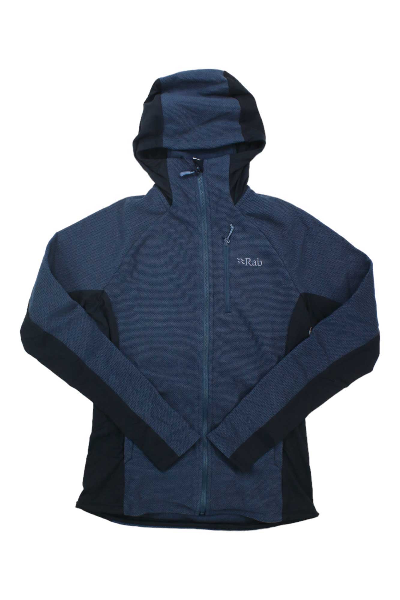 The Rab Womens Capacitor Hoody is a dark blue mountaineering fleece with black side panels and sleeves, front zipper, Rab logo on the left chest, and made from recycled polyester. The hoody is displayed laid flat on a white background.