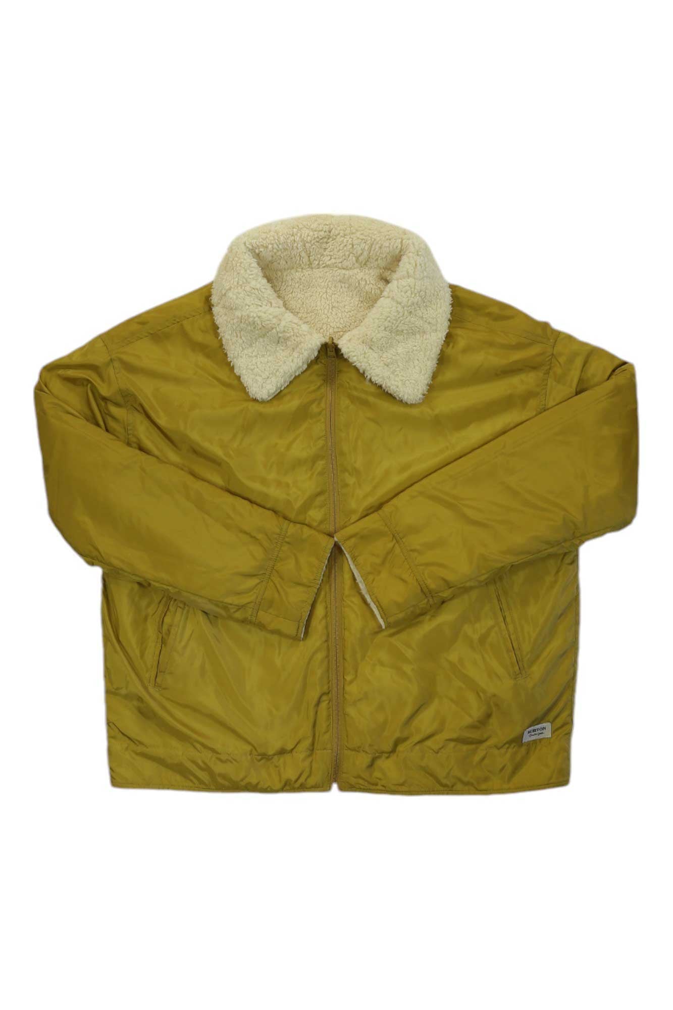 A mustard yellow Burton Womens Lynx Reversible Jacket with a large cream sherpa collar and front zipper is displayed flat, sleeves crossed. This casual fleece offers a slightly oversized fit.