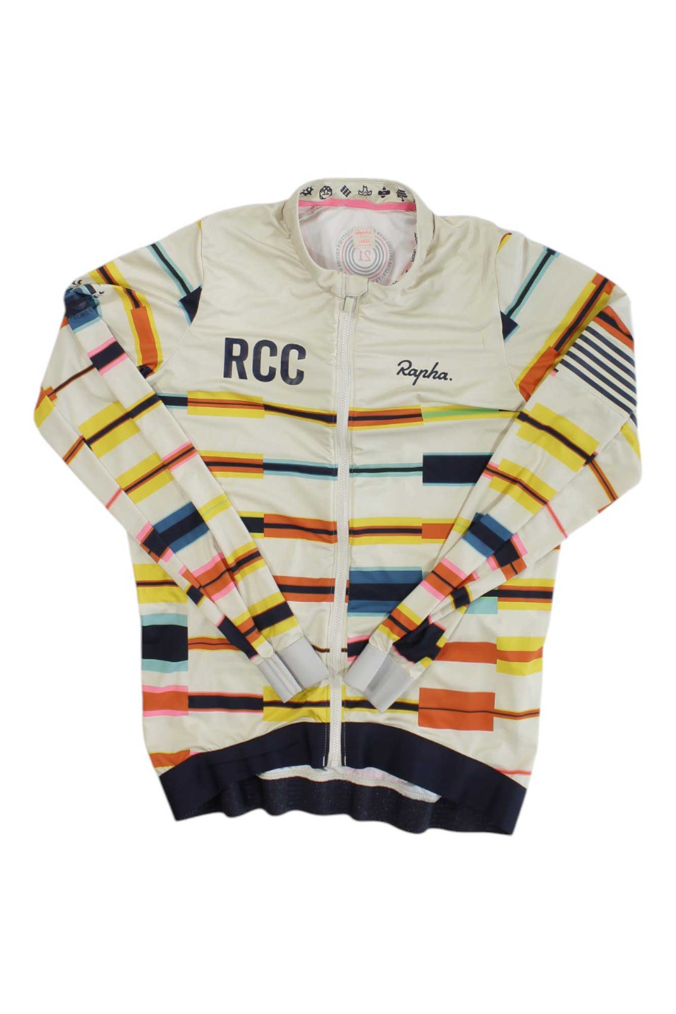 Long sleeve cycling jersey with RCC and Rapha, zip front, multicolor stripe pattern