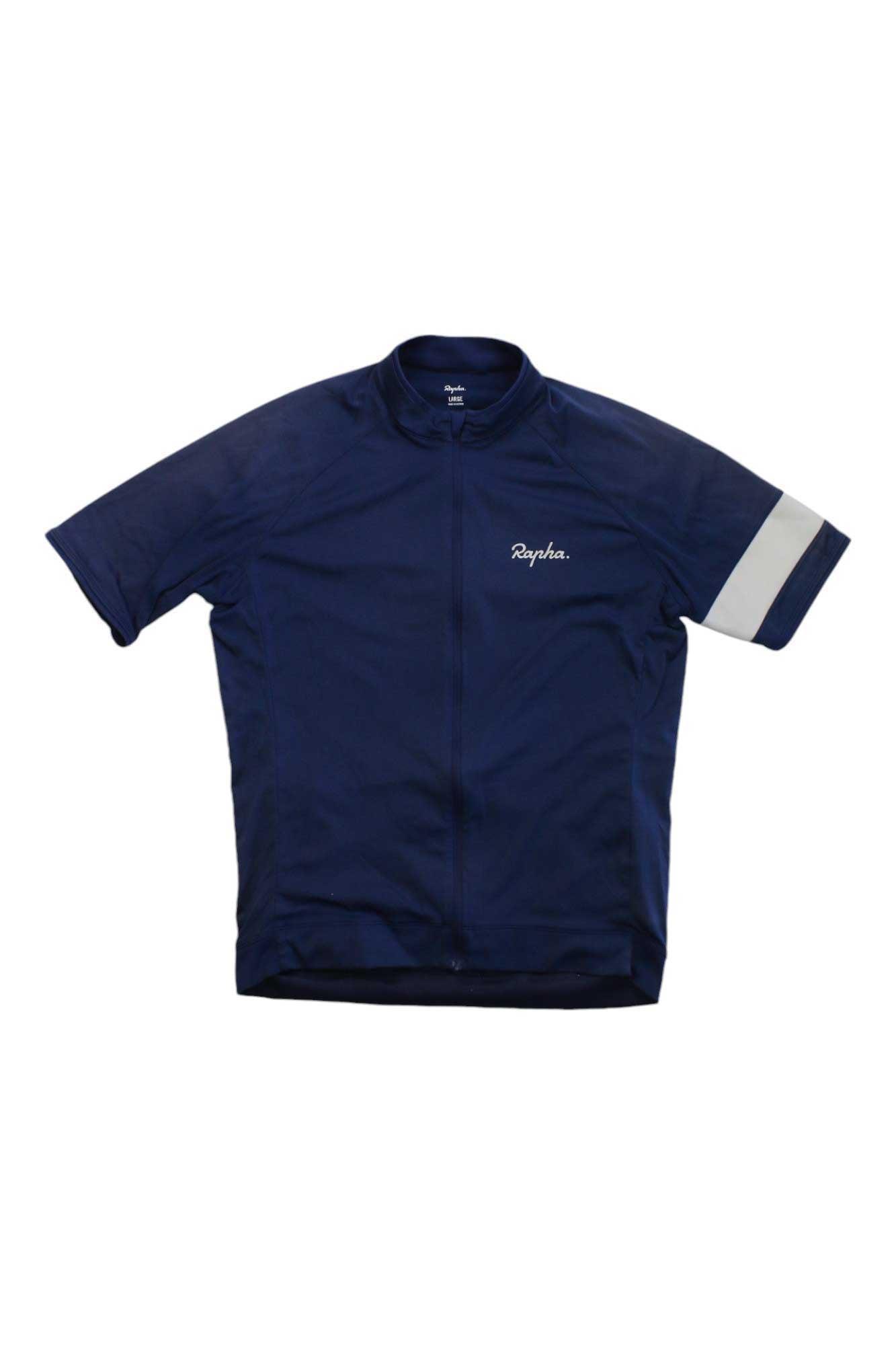 Men's navy cycling jersey, short sleeves, front zip, mock neck, white stripe cuff panels