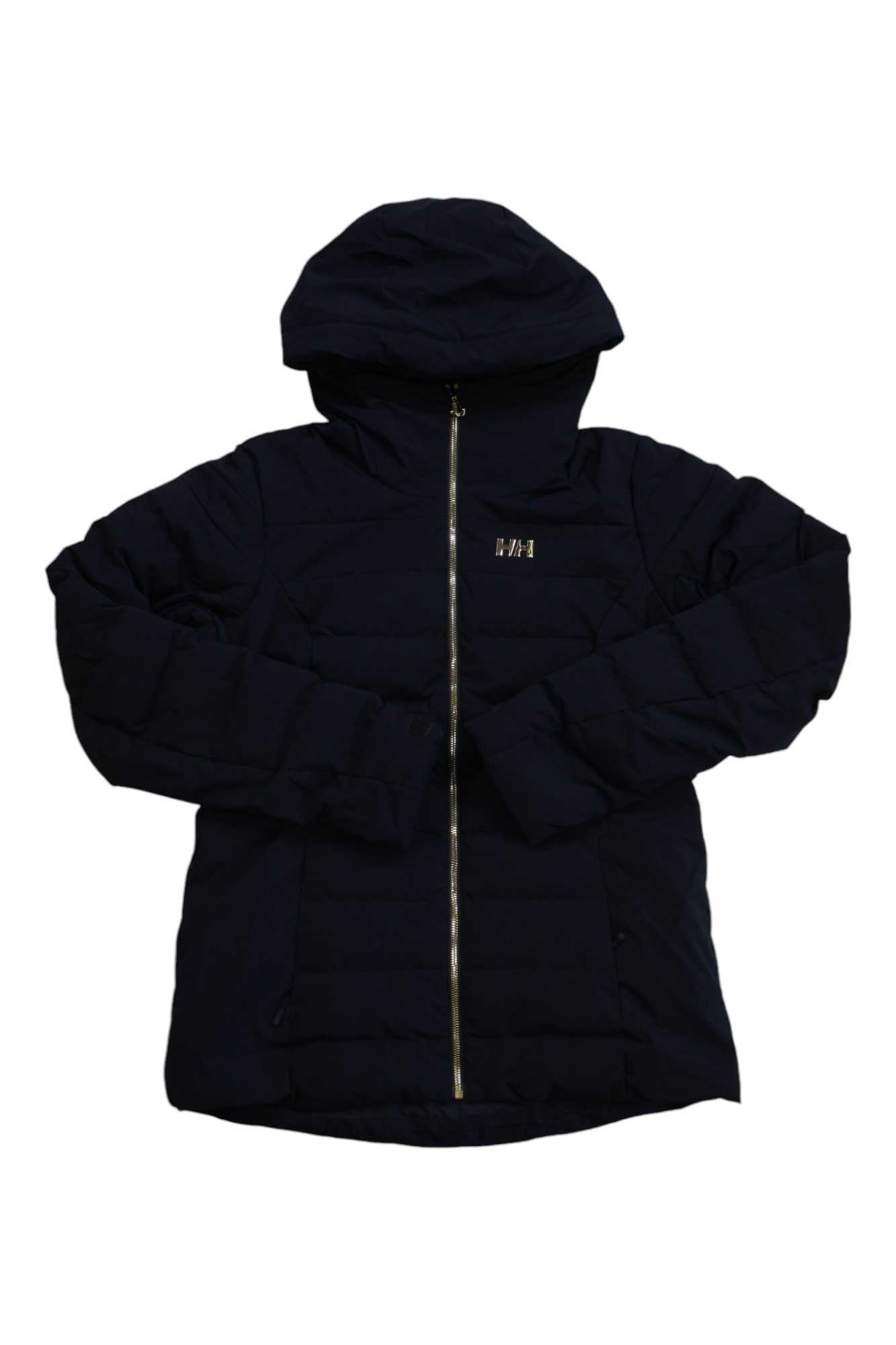 Women's black hooded puffy jacket with full-length zipper