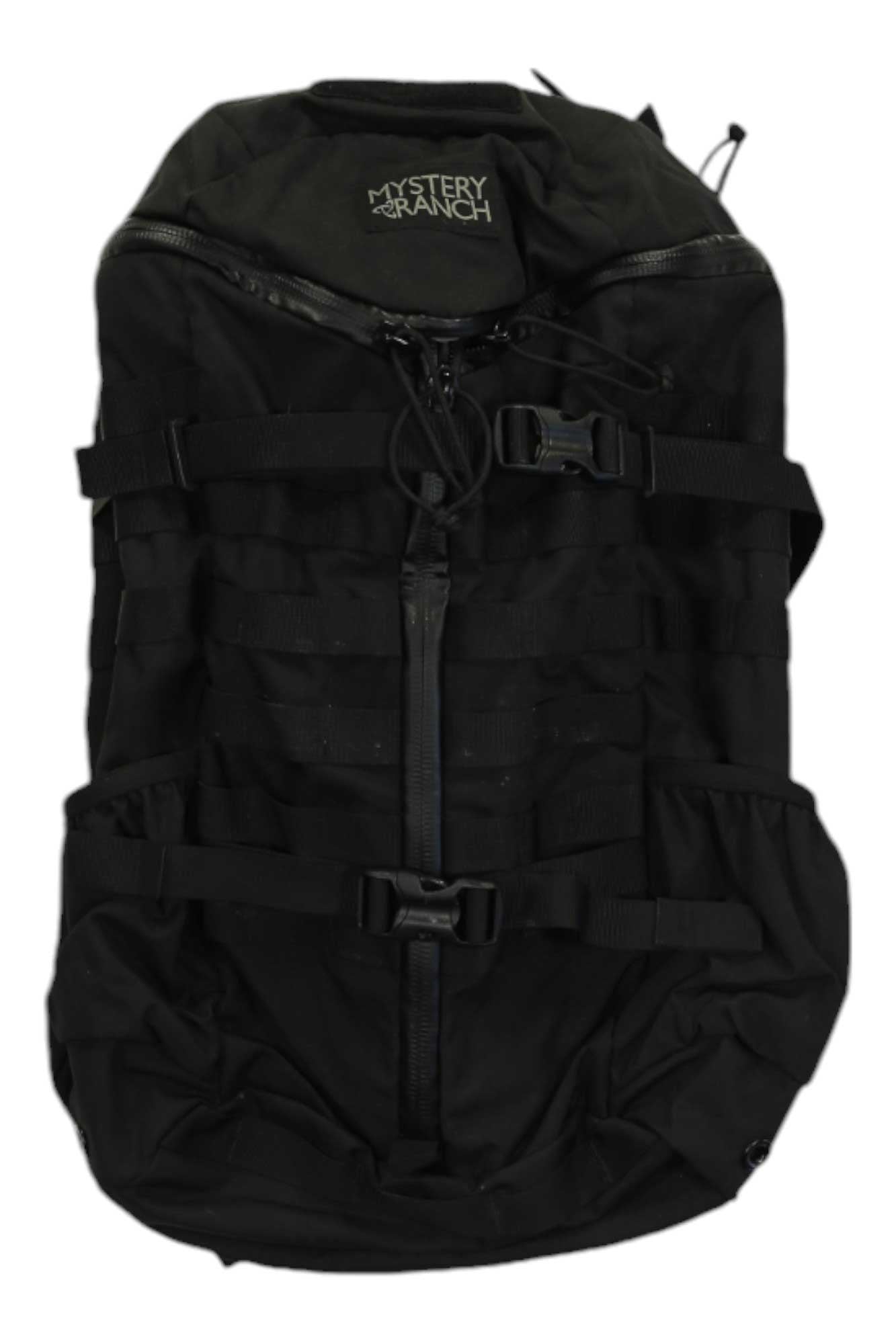 Black hiking backpack with front zip, buckled straps, and top carry handle