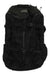Black hiking backpack with front zip, buckled straps, and top carry handle