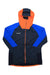 The Mammut Men's Eiswand Advanced ML Hooded Jacket features a zip-up design with a bright orange hood and upper chest, blue sleeves, dark blue body and lower sleeves, two zippered chest pockets, and "MAMMUT" on the left chest.