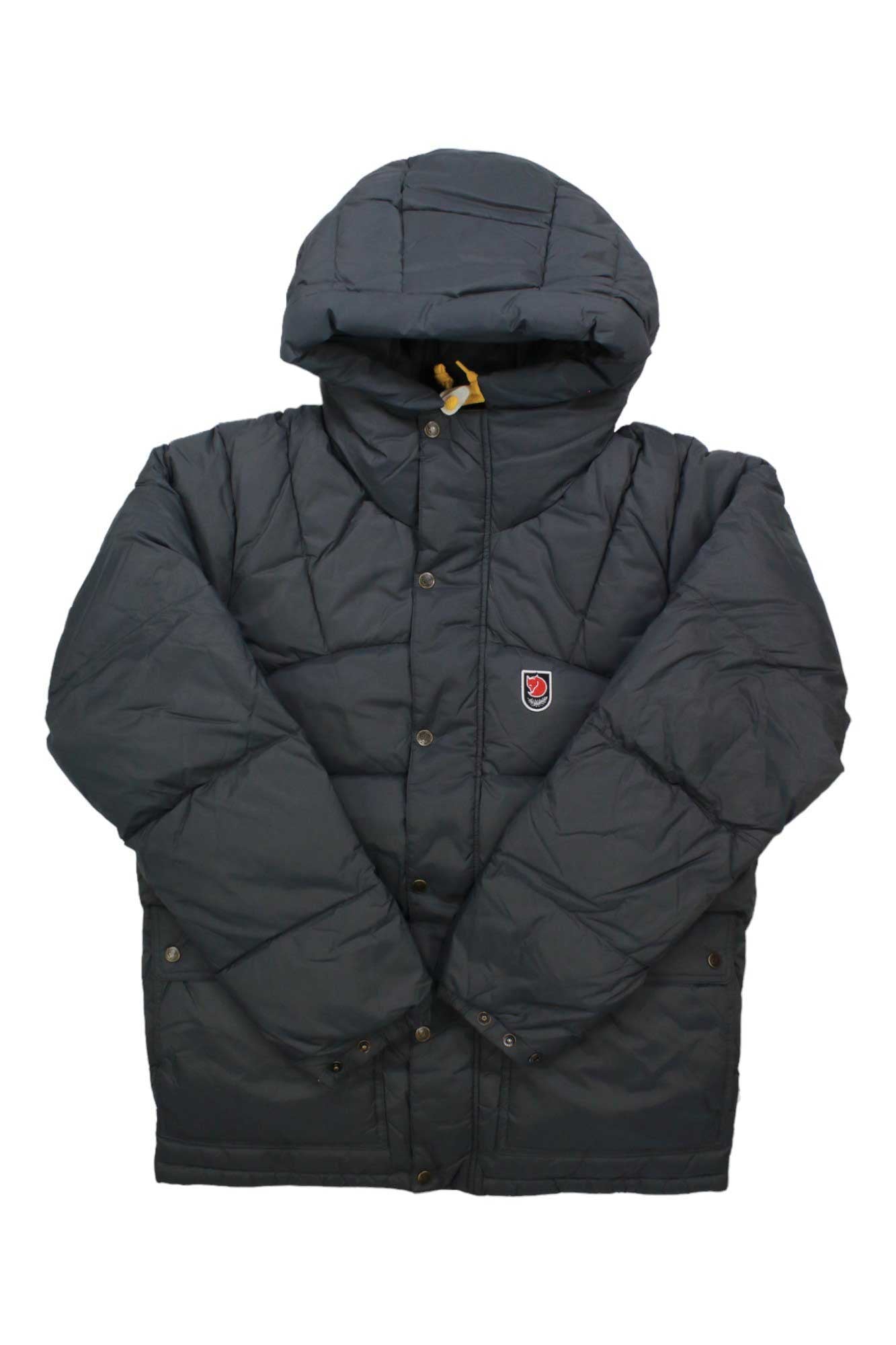 Hooded puffer jacket in dark gray, quilted, zip-front with hood and snap pockets.