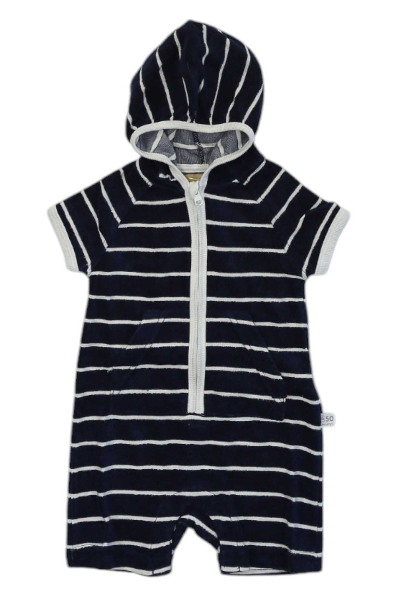 The Reima Toddlers Oahu Overall romper in navy blue and white stripes features a hood, front zipper, and pockets, designed as versatile outerwear for toddlers. It is shown laid flat on a white background.