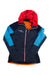 The Mammut Womens Eiswand Advanced ML Hooded Jacket is a navy blue hooded jacket with light blue sleeves, bright red hood, orange lining, and front zipper—ideal as a climbing jacket for your next adventure.
