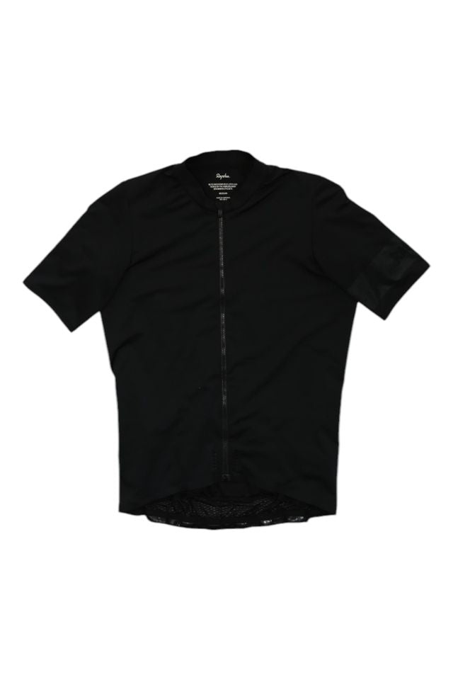 A black Mens Pro Team Midweight Short Sleeve Jersey for men, featuring a fitted design and full front zipper, is laid flat on a white background. The front appears plain, with no visible logos or patterns.