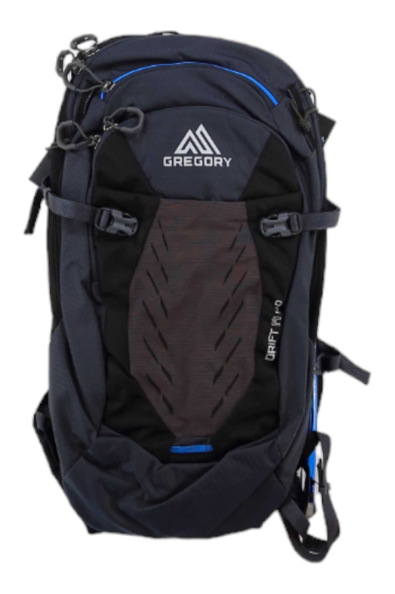 The Gregory Men's Drift 14L H2O Pack is a black and blue hydration backpack with multiple zippers, adjustable straps, the Gregory logo on the front, "Drift 14 H2O" on one side, and an adjustable stability belt for a secure fit.