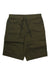 Black Diamond Mens Notion 11 Inch Short in olive green, made from organic cotton with an elastic waistband, adjustable drawstring, and two front pockets, shown laid flat on a white background.