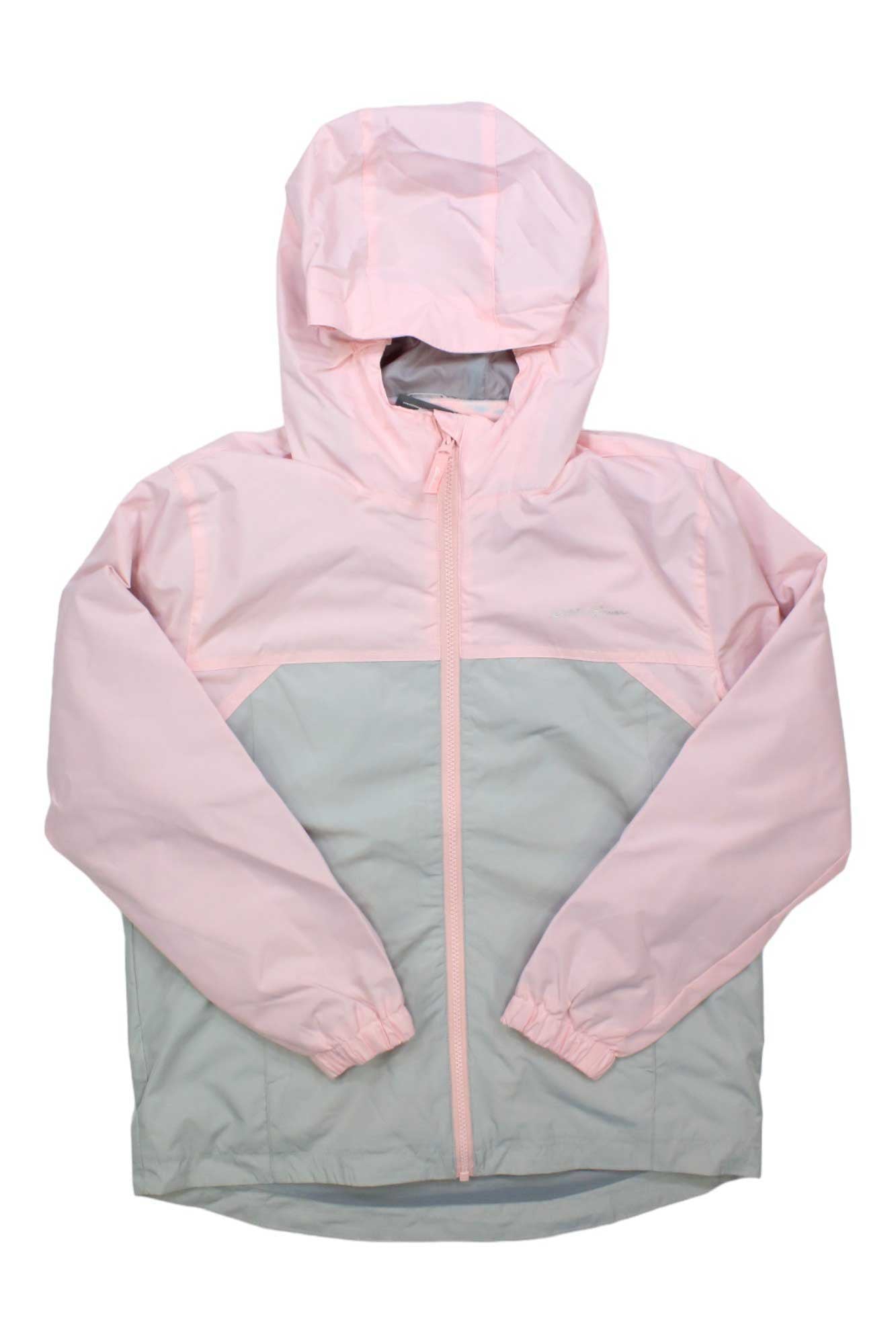 The Eddie Bauer Girls Lone Peak 3-In-1 Jacket is shown in light pink and gray with a hood, front zipper, long sleeves, and elastic cuffs, displayed on a plain white background.
