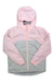 The Eddie Bauer Girls Lone Peak 3-In-1 Jacket is shown in light pink and gray with a hood, front zipper, long sleeves, and elastic cuffs, displayed on a plain white background.