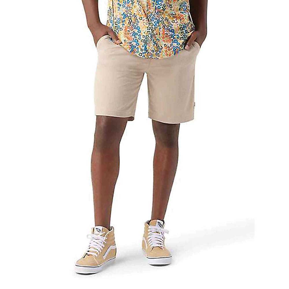 Smartwool men's 8-inch shorts in dune beige, flat front and mid-thigh length
