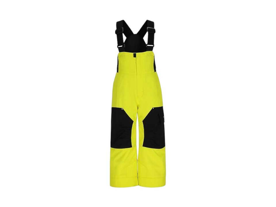The Obermeyer Boys Volt Pant is a high-visibility yellow ski pant featuring waterproof fabric, black adjustable suspenders, and black knee patches, shown against a white background.