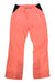 Spyder Womens Winner Pant in coral pink features black waist accents, zippered front pockets, waterproof fabric, reinforced lower leg panels, and a Spyder logo on the left thigh. Shown laid flat on a white background.