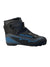 Black ski boot with blue side panels, Salomon logo, and Velcro cuff strap