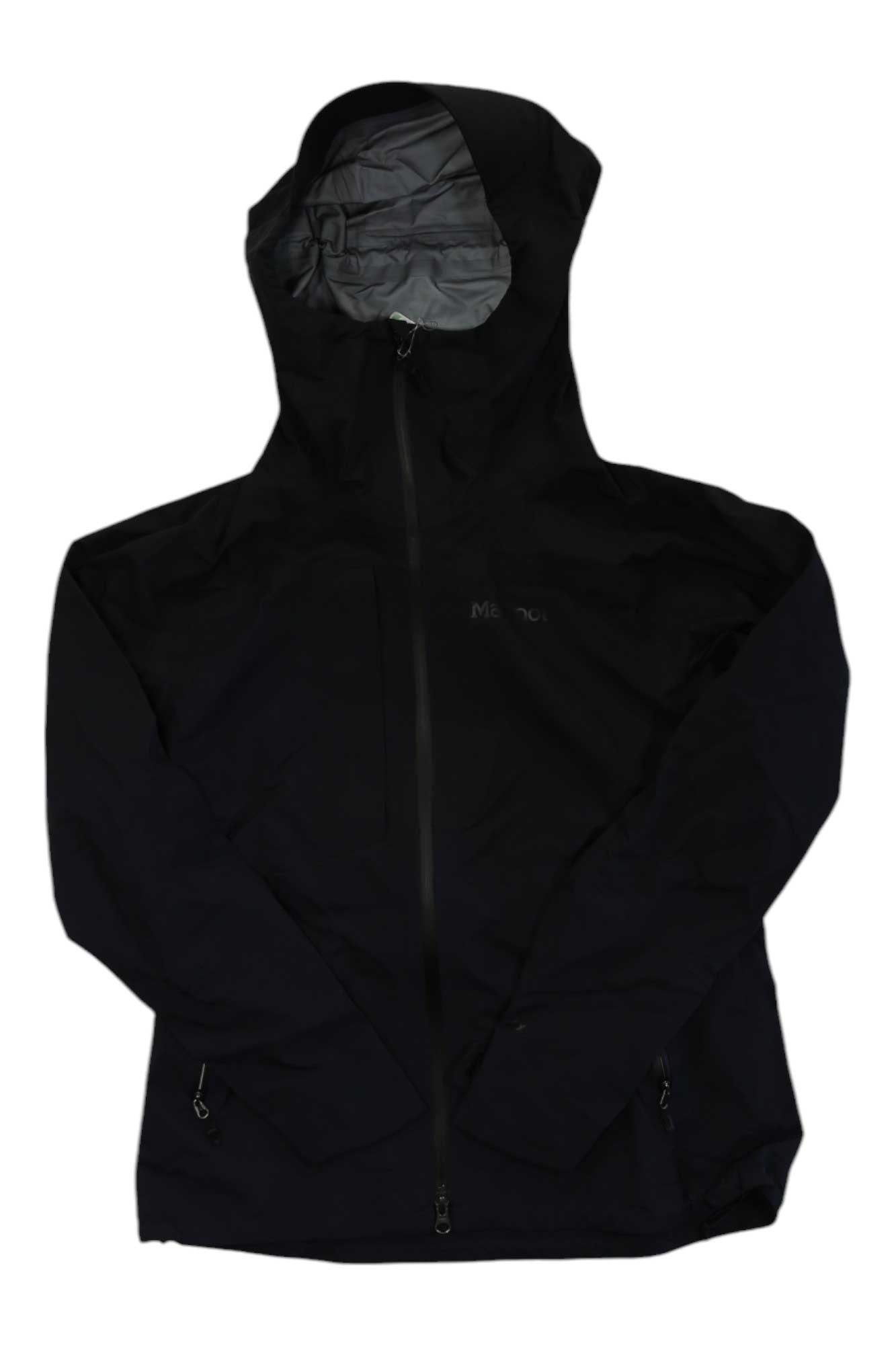 The Marmot Women's Huntley Jacket is a black hardshell with a front zipper, side pockets, and long sleeves, shown flat on a white background.