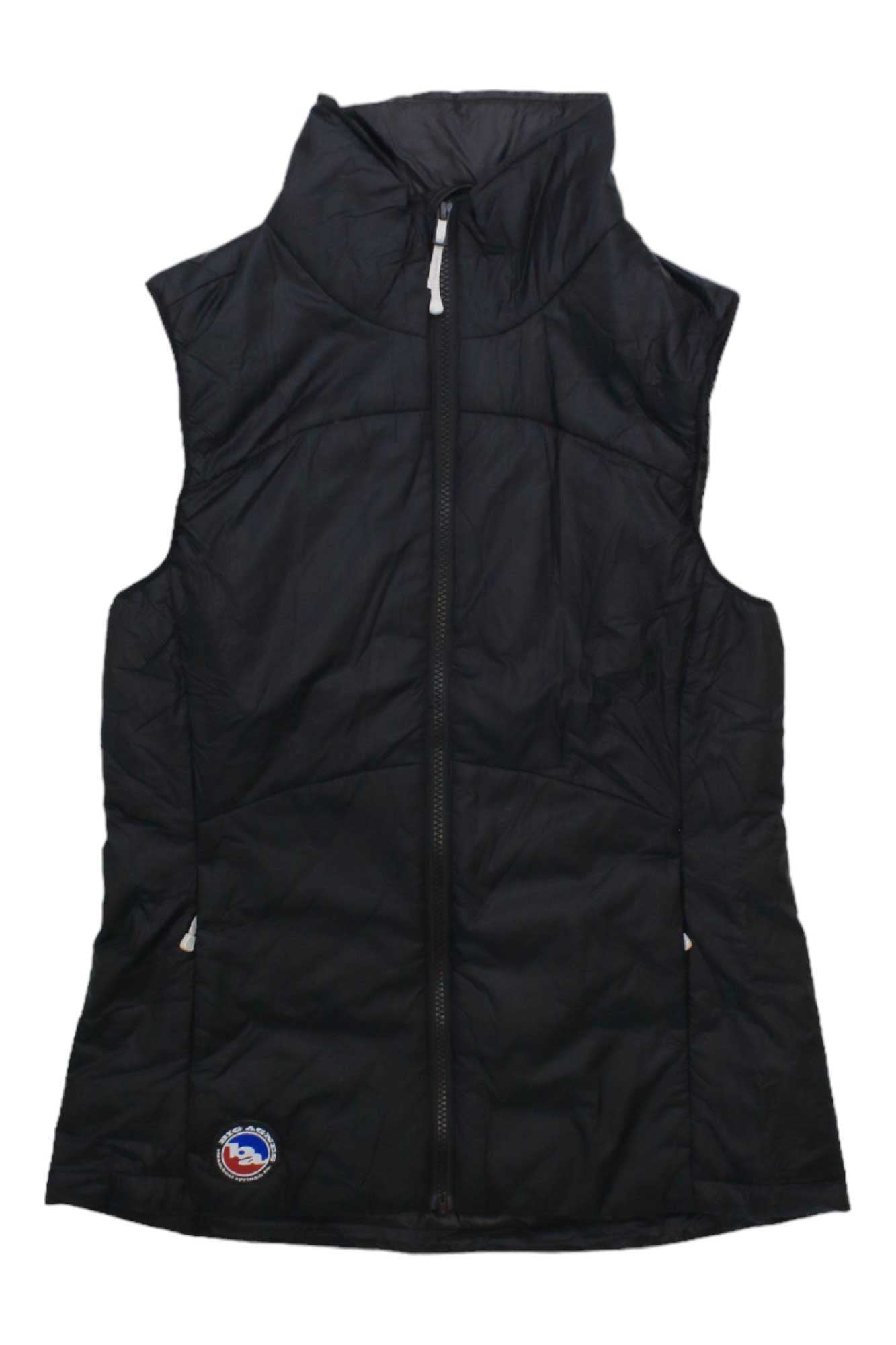 The Big Agnes Women's Larkspur Vest is a sleeveless black zip-up made from recycled materials, featuring a high collar, two side pockets, quilted lightweight insulation, and a small circular patch logo near the left hem.