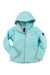 The Obermeyer Womens Cosima Down Jacket is a light blue insulated winter jacket featuring gray zipper accents and three zippered pockets, shown on a white background.