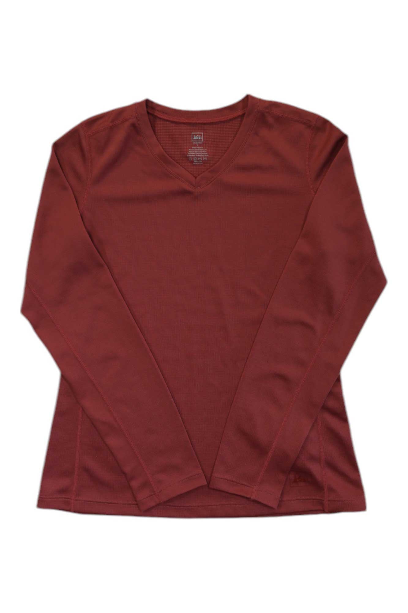 REI womens V-neck baselayer top, long sleeves, red
