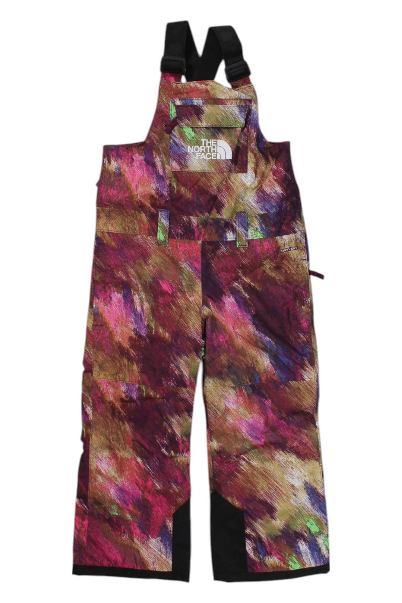 Kids insulated multicolor paint-print bib snow pants with adjustable straps and black cuffs