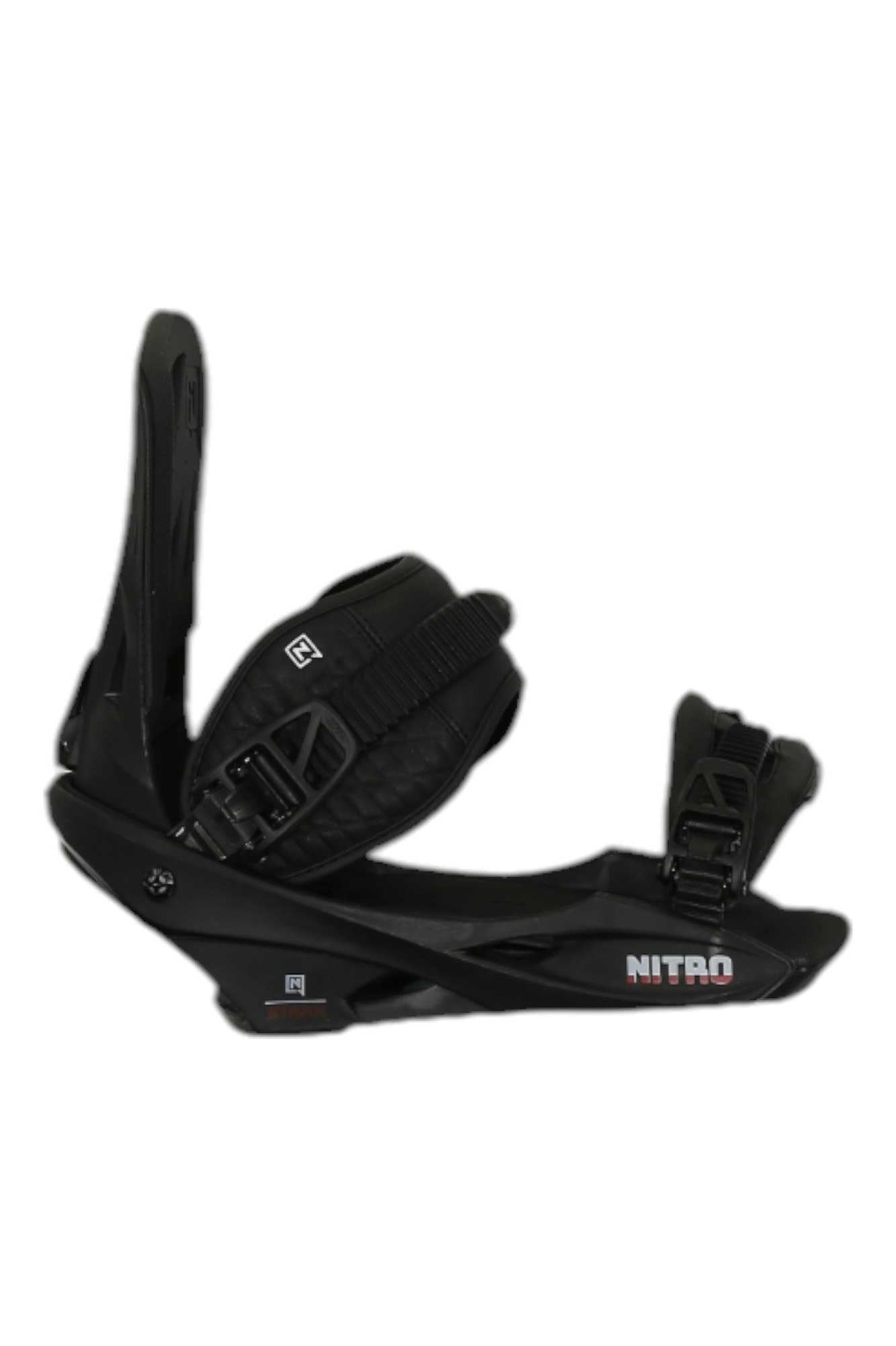 The Nitro Mens Staxx Binding, in black with medium flex, padded straps, and secure buckles, ensures all-day comfort and is displayed on a white background.