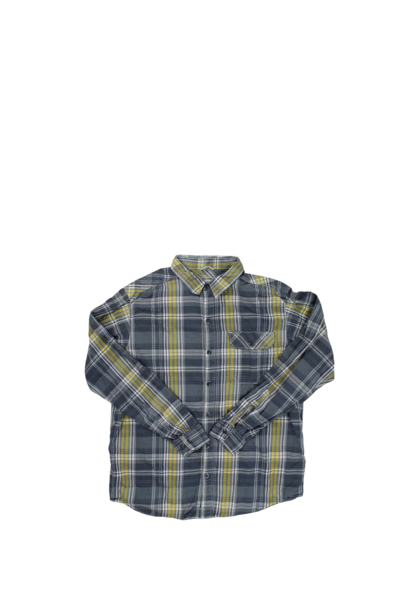Plaid flannel button-up shirt with long sleeves and chest pocket, yellow/blue/gray