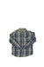 Plaid flannel button-up shirt with long sleeves and chest pocket, yellow/blue/gray
